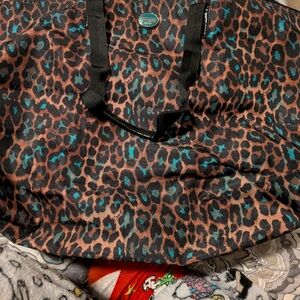 Coach  Leopard Print  - Brown and Black And Teal Big Nylon Tote Bag